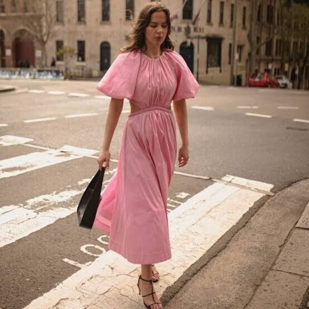Aje Capucine Puff Sleeve Midi Dress Size 10 Bon Bon Pink BNWT - Picture 4 of 7